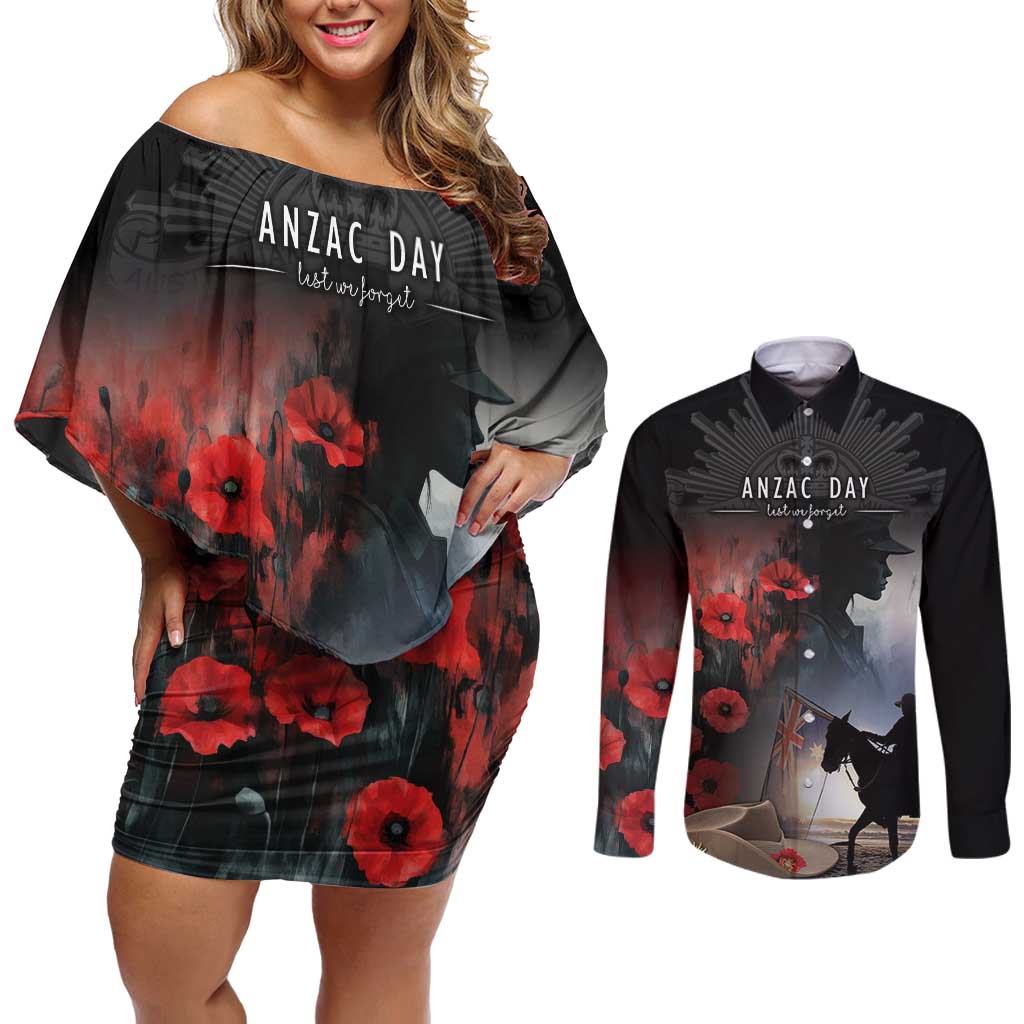 Anzac Day Couples Matching Off Shoulder Short Dress and Long Sleeve Button Shirt Women In War - Lest We Forget