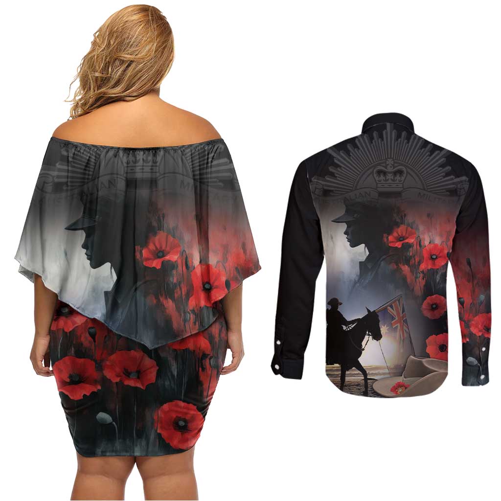 Anzac Day Couples Matching Off Shoulder Short Dress and Long Sleeve Button Shirt Women In War - Lest We Forget