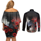 Anzac Day Couples Matching Off Shoulder Short Dress and Long Sleeve Button Shirt Women In War - Lest We Forget