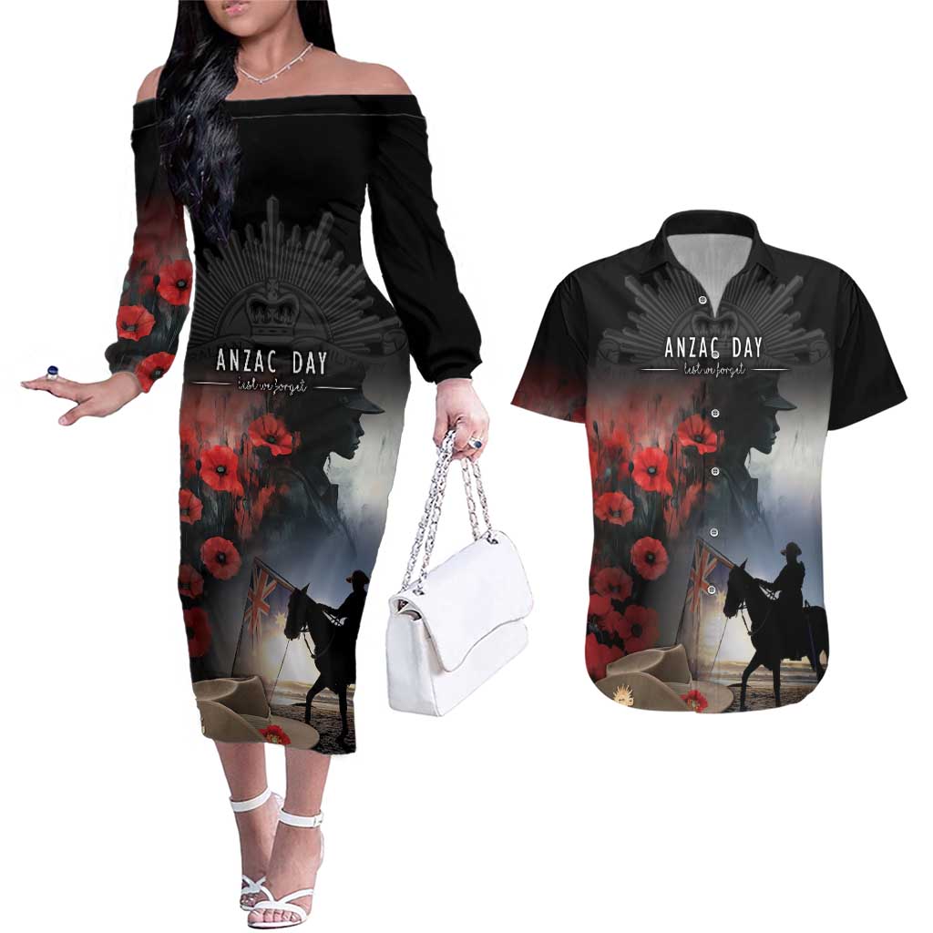 Anzac Day Couples Matching Off The Shoulder Long Sleeve Dress and Hawaiian Shirt Women In War - Lest We Forget