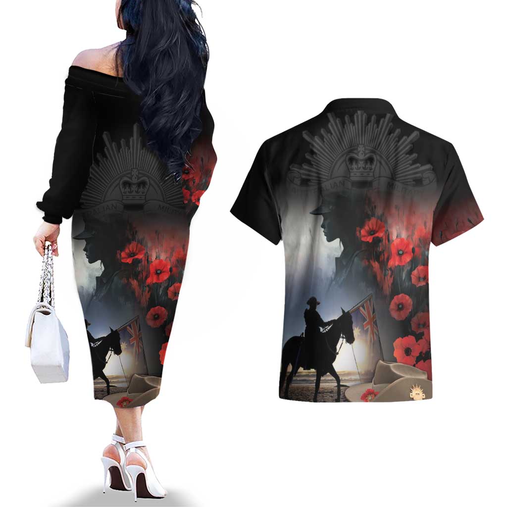 Anzac Day Couples Matching Off The Shoulder Long Sleeve Dress and Hawaiian Shirt Women In War - Lest We Forget