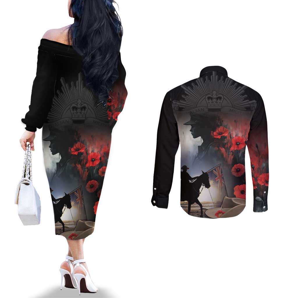Anzac Day Couples Matching Off The Shoulder Long Sleeve Dress and Long Sleeve Button Shirt Women In War - Lest We Forget