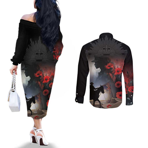 Anzac Day Couples Matching Off The Shoulder Long Sleeve Dress and Long Sleeve Button Shirt Women In War - Lest We Forget