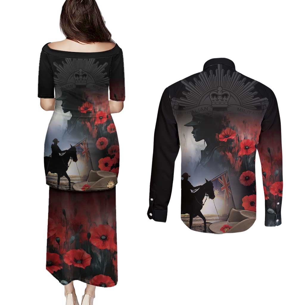 Anzac Day Couples Matching Puletasi and Long Sleeve Button Shirt Women In War - Lest We Forget