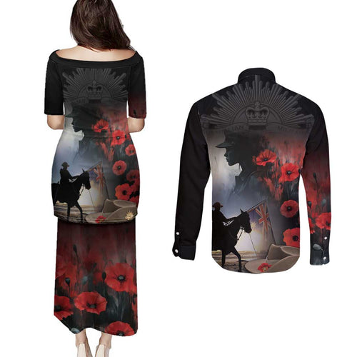 Anzac Day Couples Matching Puletasi and Long Sleeve Button Shirt Women In War - Lest We Forget