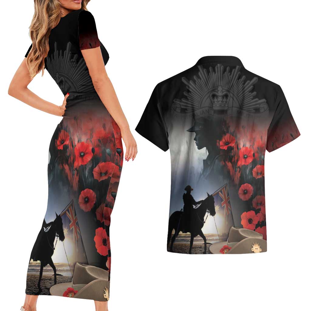 Anzac Day Couples Matching Short Sleeve Bodycon Dress and Hawaiian Shirt Women In War - Lest We Forget
