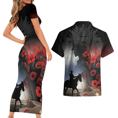 Anzac Day Couples Matching Short Sleeve Bodycon Dress and Hawaiian Shirt Women In War - Lest We Forget