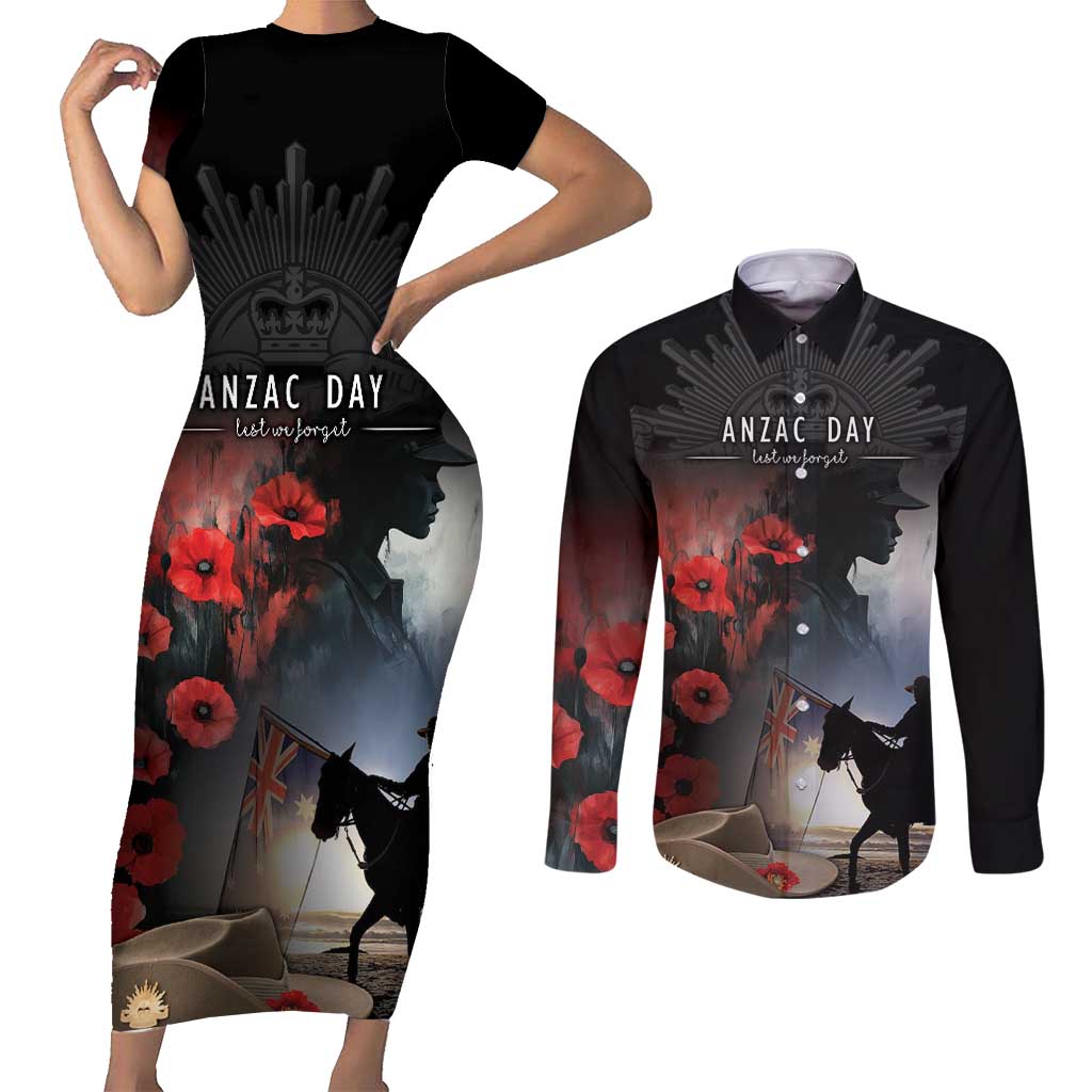 Anzac Day Couples Matching Short Sleeve Bodycon Dress and Long Sleeve Button Shirt Women In War - Lest We Forget
