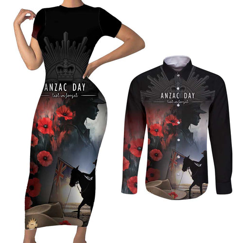 Anzac Day Couples Matching Short Sleeve Bodycon Dress and Long Sleeve Button Shirt Women In War - Lest We Forget