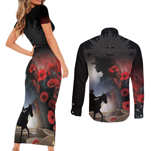 Anzac Day Couples Matching Short Sleeve Bodycon Dress and Long Sleeve Button Shirt Women In War - Lest We Forget