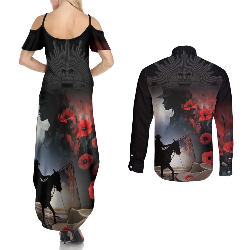Anzac Day Couples Matching Summer Maxi Dress and Long Sleeve Button Shirt Women In War - Lest We Forget