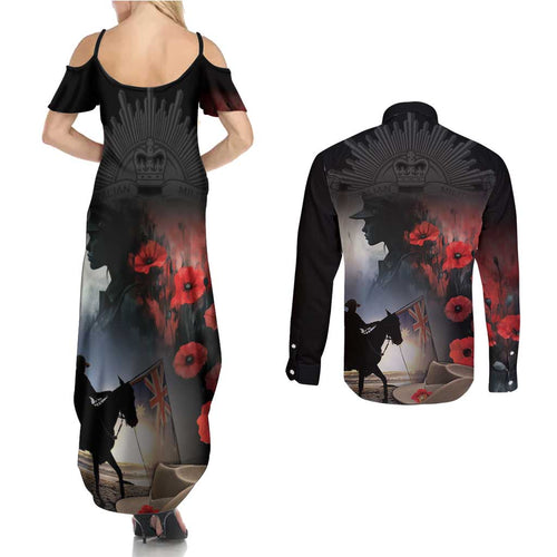 Anzac Day Couples Matching Summer Maxi Dress and Long Sleeve Button Shirt Women In War - Lest We Forget