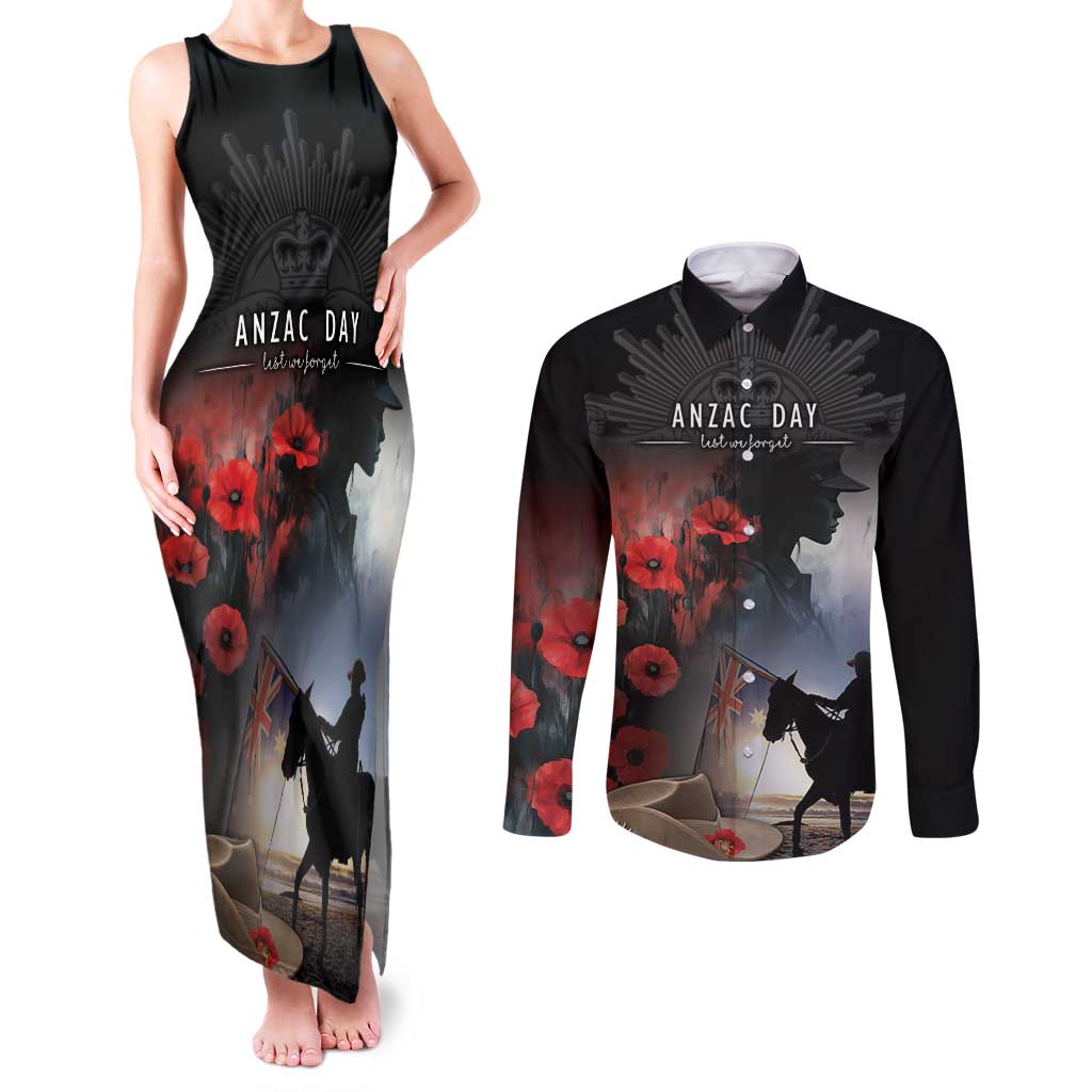 Anzac Day Couples Matching Tank Maxi Dress and Long Sleeve Button Shirt Women In War - Lest We Forget