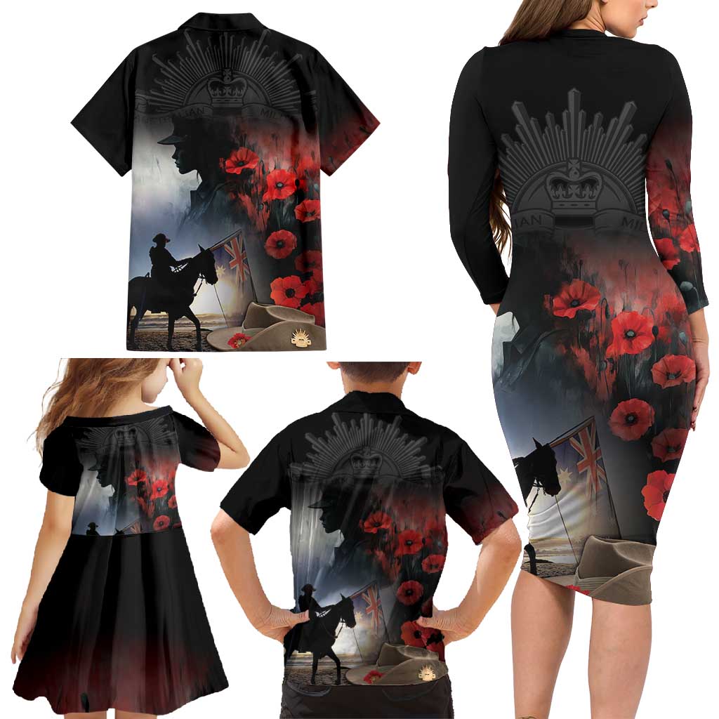 Anzac Day Family Matching Long Sleeve Bodycon Dress and Hawaiian Shirt Women In War - Lest We Forget