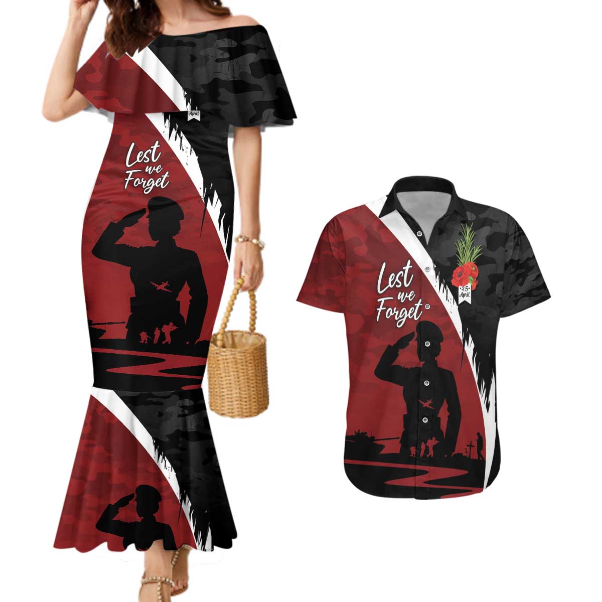 Anzac Day Women Veteran Couples Matching Mermaid Dress and Hawaiian Shirt Ode of Remembrance
