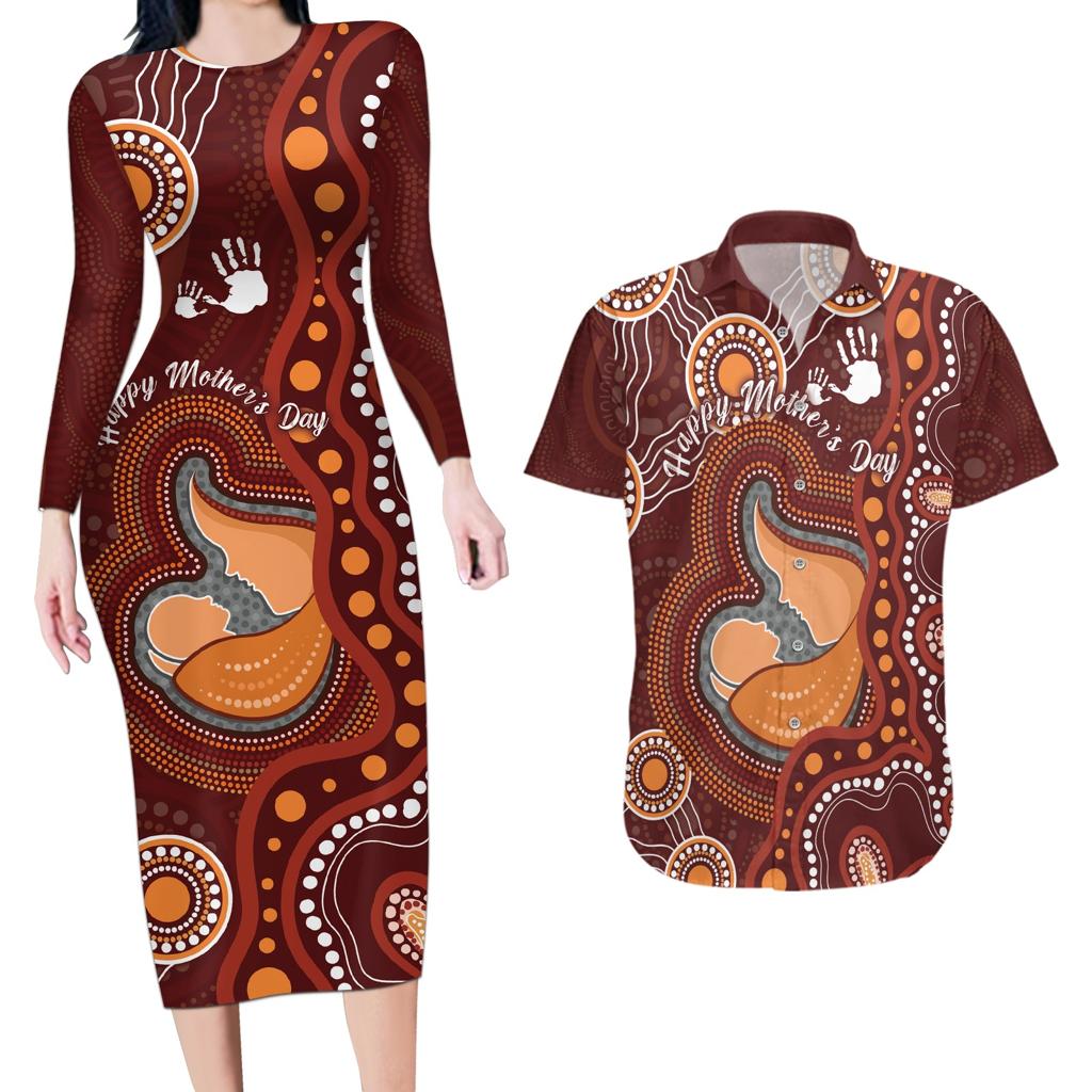Australia Mother's Day Indigenous Couples Matching Long Sleeve Bodycon Dress and Hawaiian Shirt Aboriginal Art