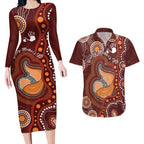 Australia Mother's Day Indigenous Couples Matching Long Sleeve Bodycon Dress and Hawaiian Shirt Aboriginal Art