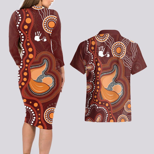 Australia Mother's Day Indigenous Couples Matching Long Sleeve Bodycon Dress and Hawaiian Shirt Aboriginal Art