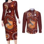 Australia Mother's Day Indigenous Couples Matching Long Sleeve Bodycon Dress and Long Sleeve Button Shirt Aboriginal Art