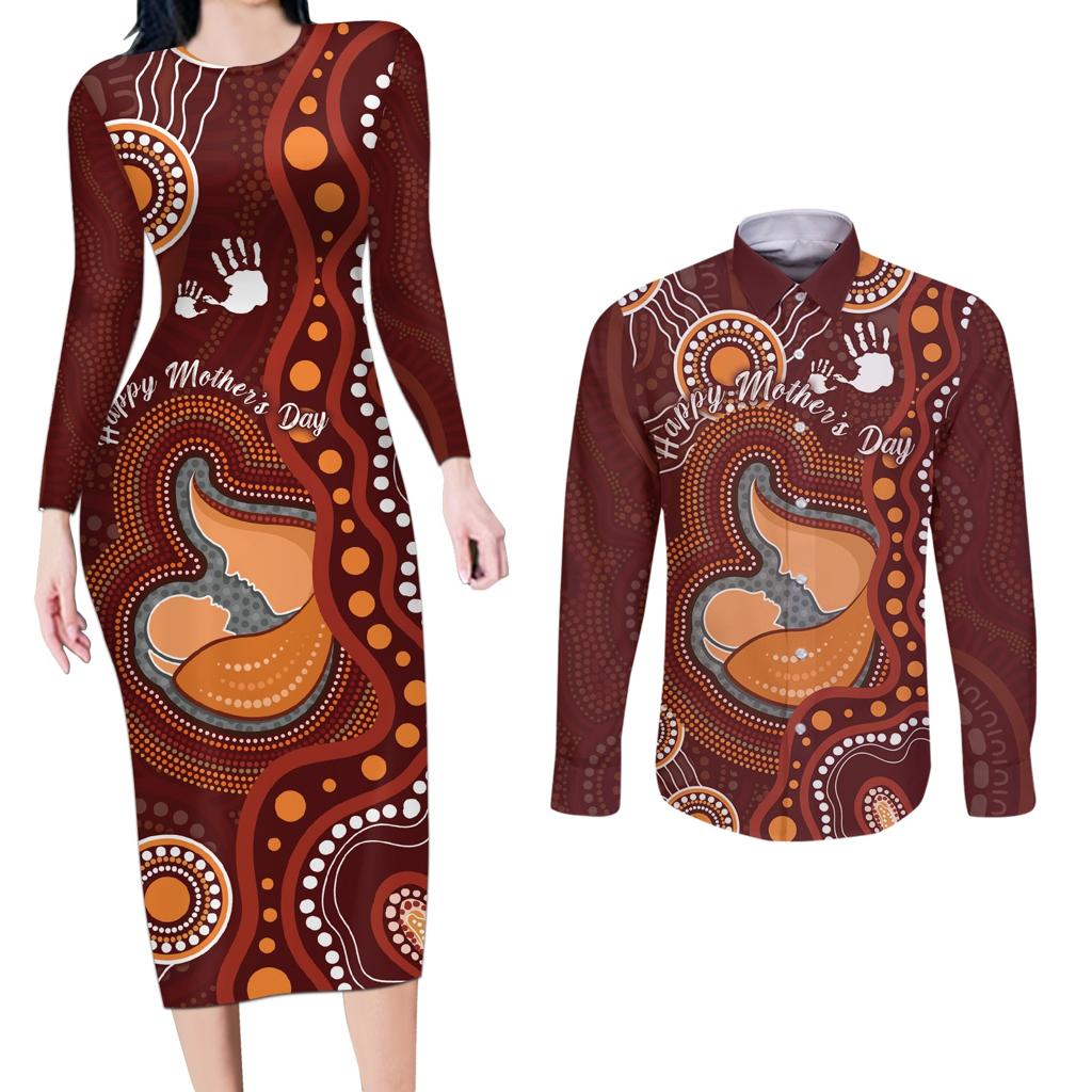 Australia Mother's Day Indigenous Couples Matching Long Sleeve Bodycon Dress and Long Sleeve Button Shirt Aboriginal Art