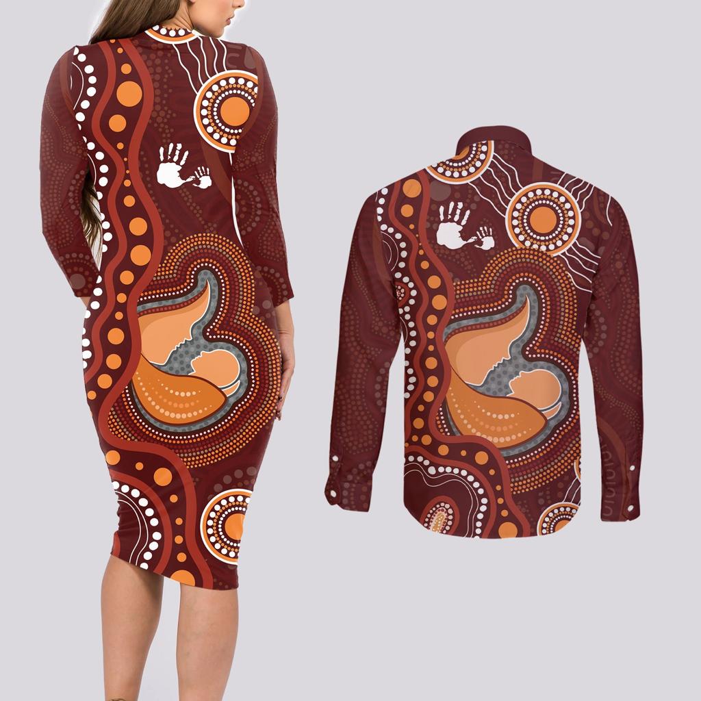 Australia Mother's Day Indigenous Couples Matching Long Sleeve Bodycon Dress and Long Sleeve Button Shirt Aboriginal Art