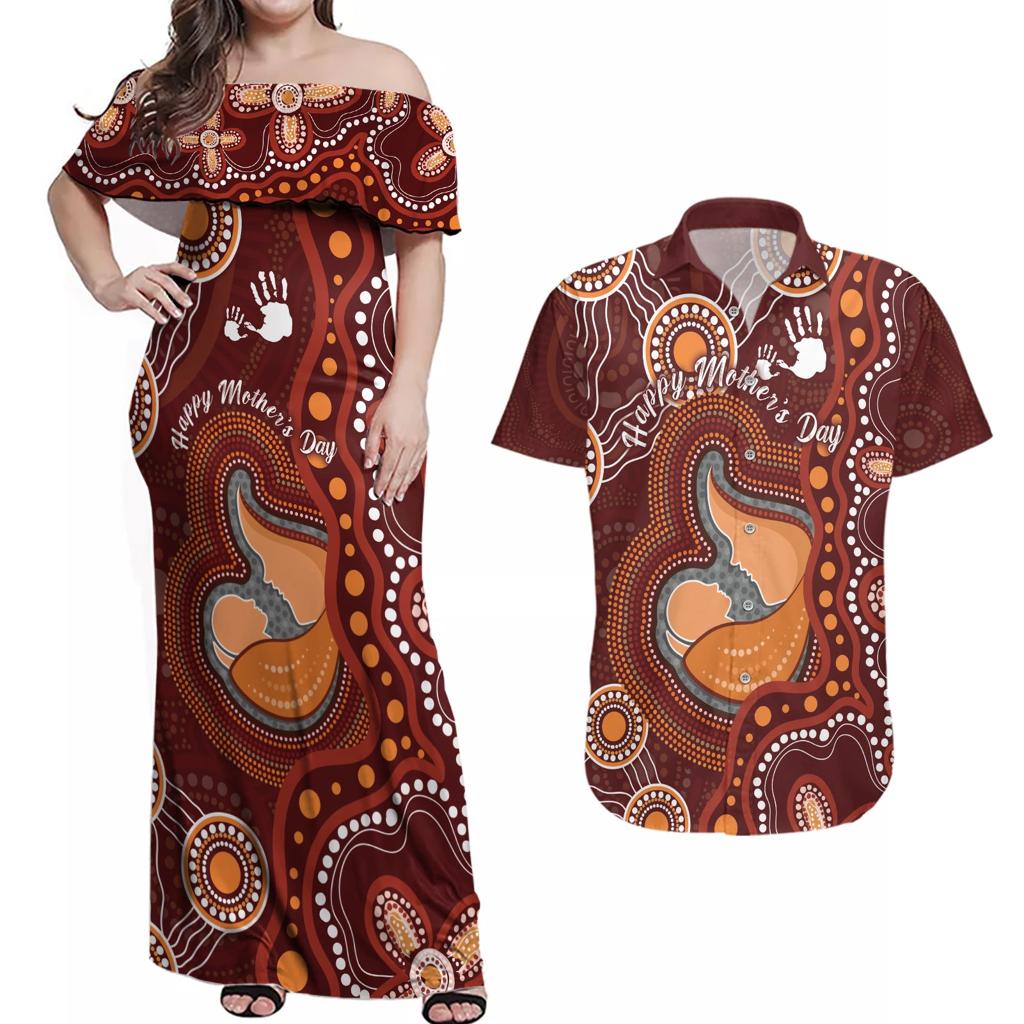 Australia Mother's Day Indigenous Couples Matching Off Shoulder Maxi Dress and Hawaiian Shirt Aboriginal Art