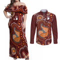 Australia Mother's Day Indigenous Couples Matching Off Shoulder Maxi Dress and Long Sleeve Button Shirt Aboriginal Art