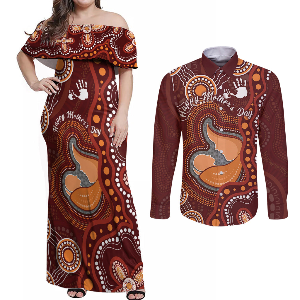Australia Mother's Day Indigenous Couples Matching Off Shoulder Maxi Dress and Long Sleeve Button Shirt Aboriginal Art