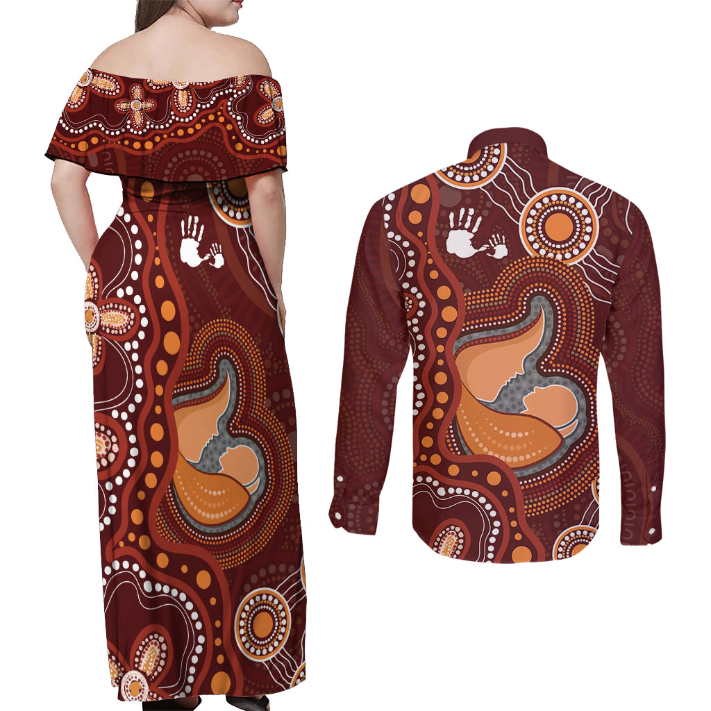 Australia Mother's Day Indigenous Couples Matching Off Shoulder Maxi Dress and Long Sleeve Button Shirt Aboriginal Art