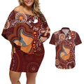 Australia Mother's Day Indigenous Couples Matching Off Shoulder Short Dress and Hawaiian Shirt Aboriginal Art