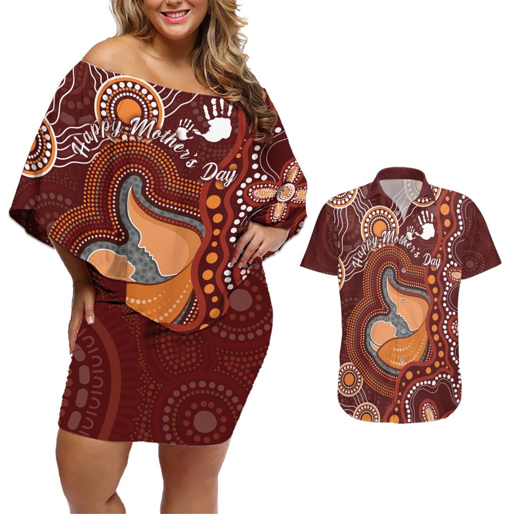 Australia Mother's Day Indigenous Couples Matching Off Shoulder Short Dress and Hawaiian Shirt Aboriginal Art