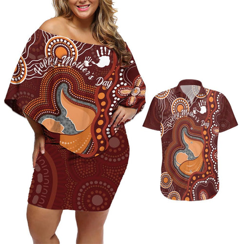 Australia Mother's Day Indigenous Couples Matching Off Shoulder Short Dress and Hawaiian Shirt Aboriginal Art