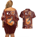 Australia Mother's Day Indigenous Couples Matching Off Shoulder Short Dress and Hawaiian Shirt Aboriginal Art