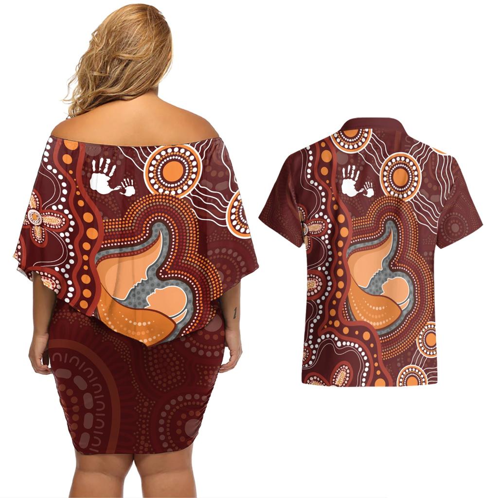 Australia Mother's Day Indigenous Couples Matching Off Shoulder Short Dress and Hawaiian Shirt Aboriginal Art