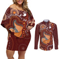 Australia Mother's Day Indigenous Couples Matching Off Shoulder Short Dress and Long Sleeve Button Shirt Aboriginal Art