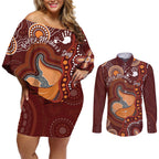 Australia Mother's Day Indigenous Couples Matching Off Shoulder Short Dress and Long Sleeve Button Shirt Aboriginal Art
