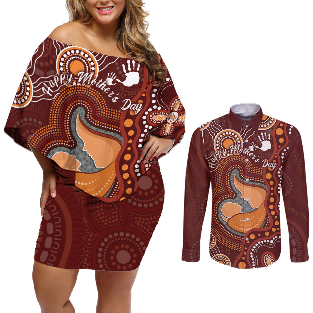 Australia Mother's Day Indigenous Couples Matching Off Shoulder Short Dress and Long Sleeve Button Shirt Aboriginal Art
