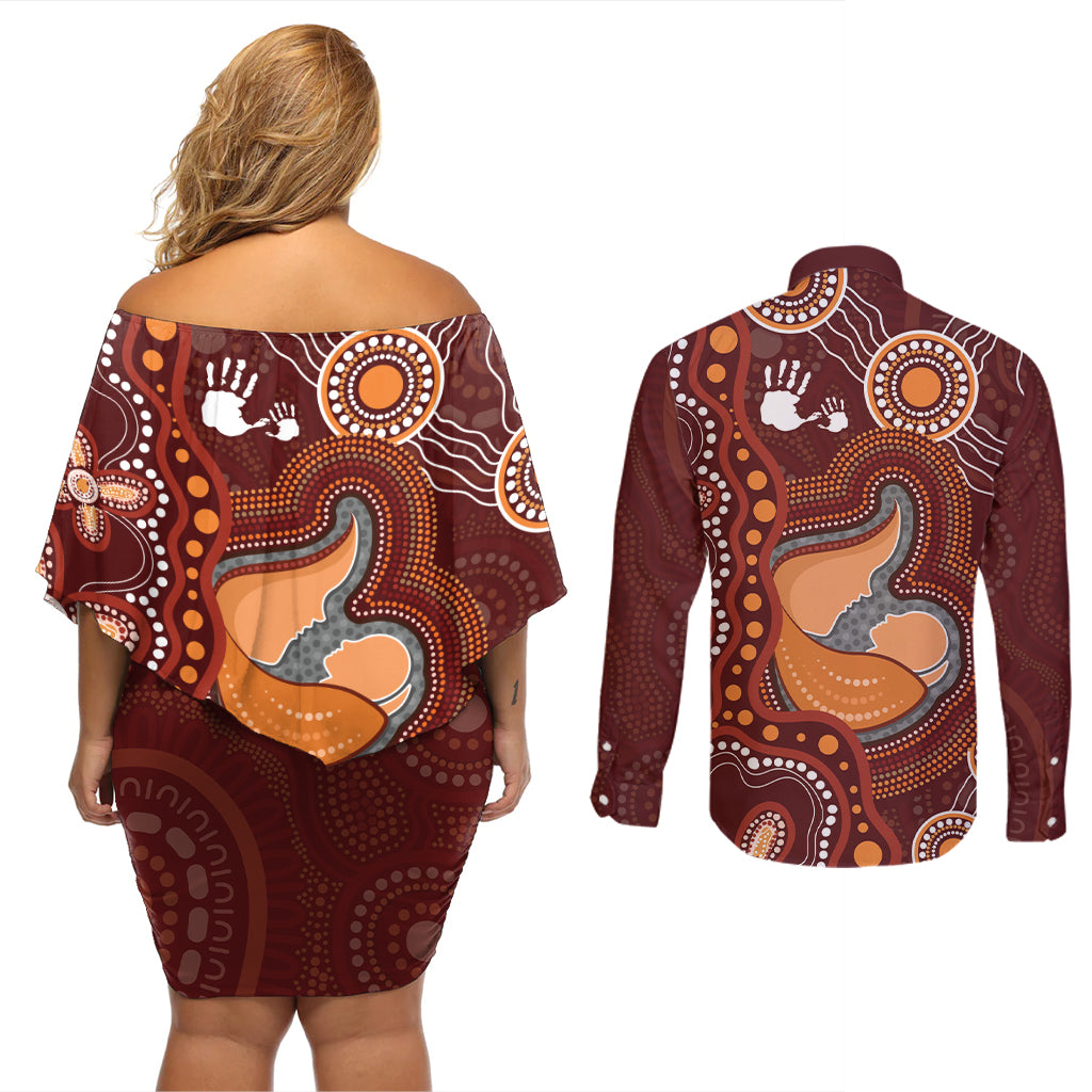 Australia Mother's Day Indigenous Couples Matching Off Shoulder Short Dress and Long Sleeve Button Shirt Aboriginal Art