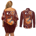 Australia Mother's Day Indigenous Couples Matching Off Shoulder Short Dress and Long Sleeve Button Shirt Aboriginal Art