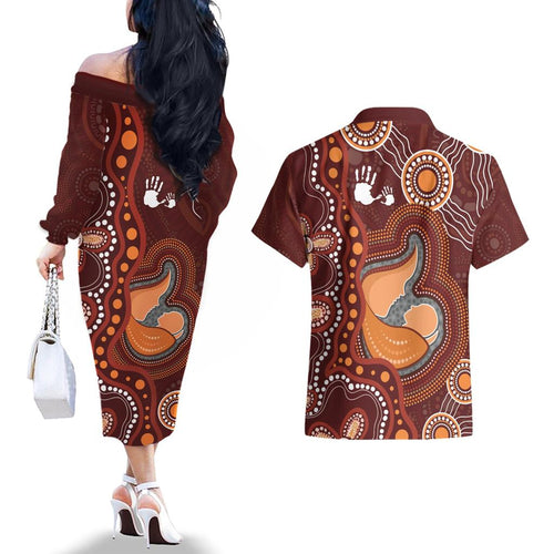 Australia Mother's Day Indigenous Couples Matching Off The Shoulder Long Sleeve Dress and Hawaiian Shirt Aboriginal Art