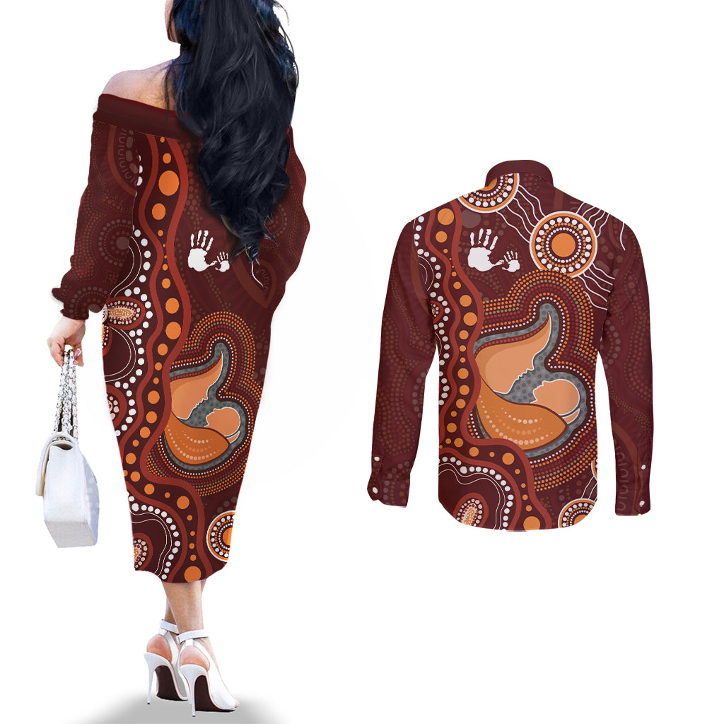 Australia Mother's Day Indigenous Couples Matching Off The Shoulder Long Sleeve Dress and Long Sleeve Button Shirt Aboriginal Art