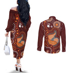 Australia Mother's Day Indigenous Couples Matching Off The Shoulder Long Sleeve Dress and Long Sleeve Button Shirt Aboriginal Art