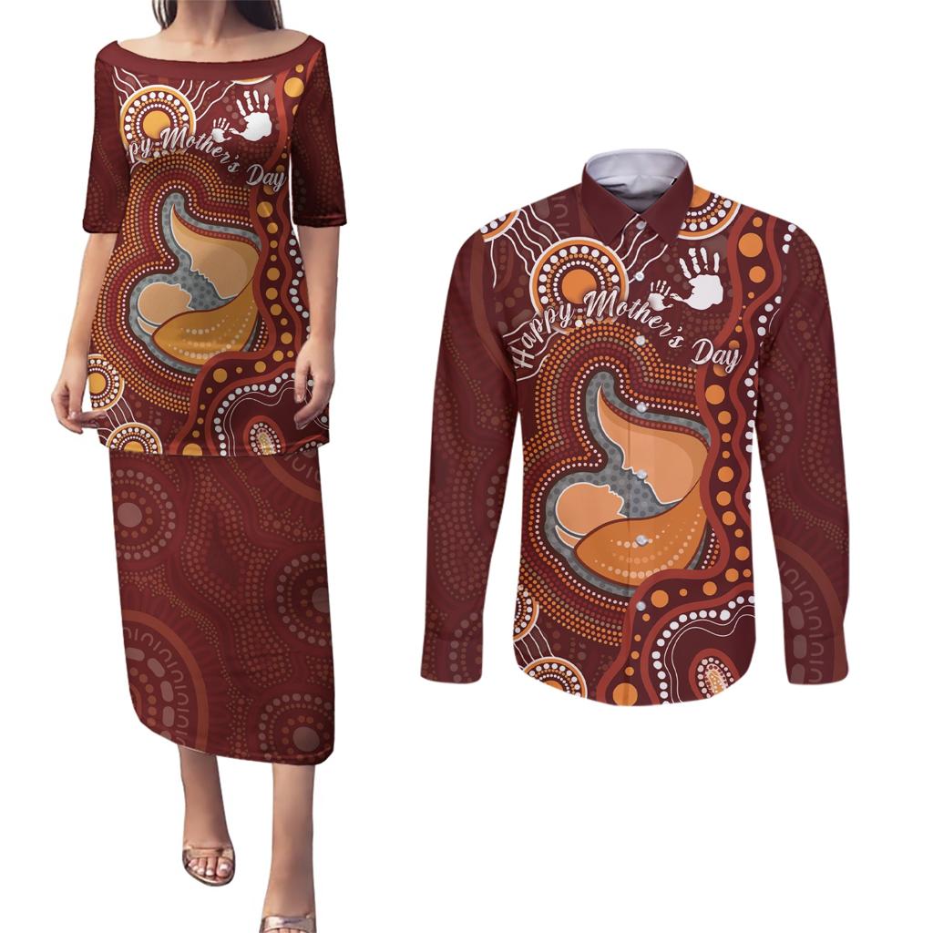 Australia Mother's Day Indigenous Couples Matching Puletasi and Long Sleeve Button Shirt Aboriginal Art