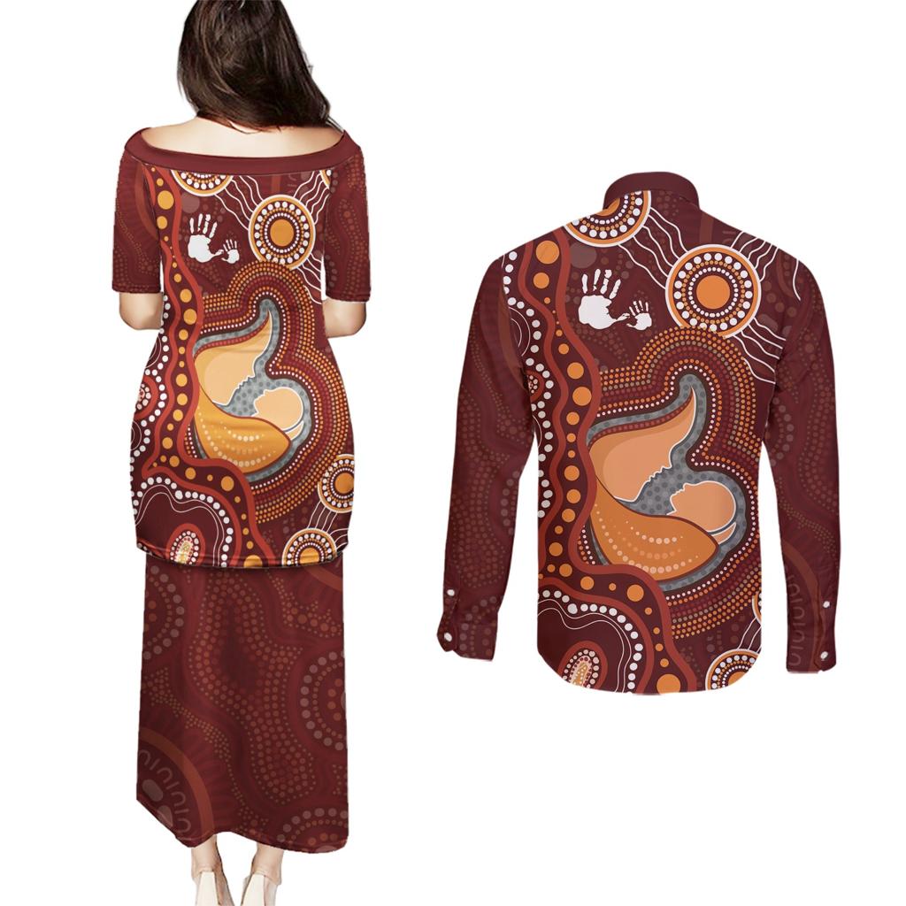 Australia Mother's Day Indigenous Couples Matching Puletasi and Long Sleeve Button Shirt Aboriginal Art