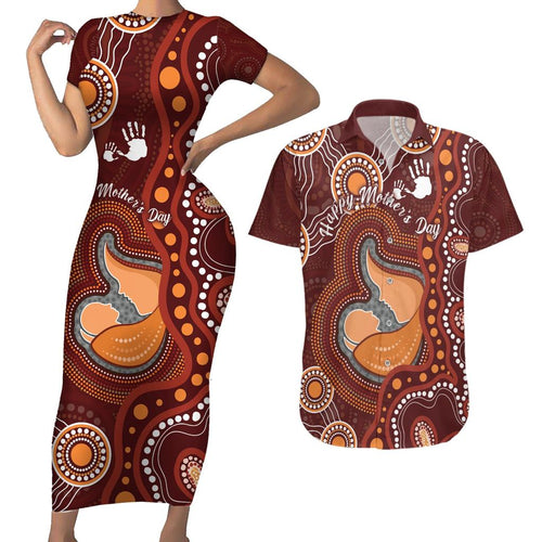 Australia Mother's Day Indigenous Couples Matching Short Sleeve Bodycon Dress and Hawaiian Shirt Aboriginal Art