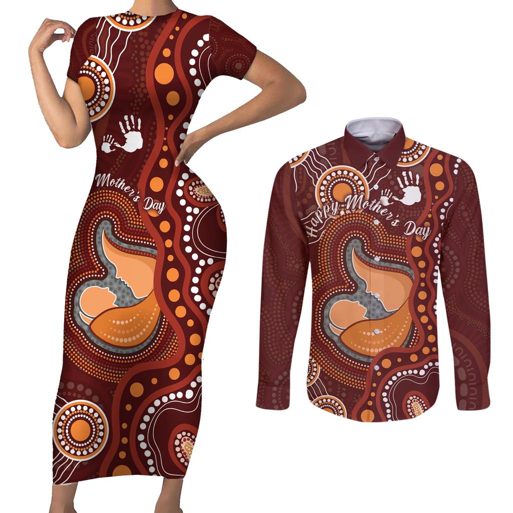 Australia Mother's Day Indigenous Couples Matching Short Sleeve Bodycon Dress and Long Sleeve Button Shirt Aboriginal Art
