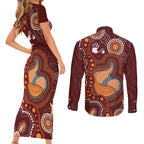 Australia Mother's Day Indigenous Couples Matching Short Sleeve Bodycon Dress and Long Sleeve Button Shirt Aboriginal Art
