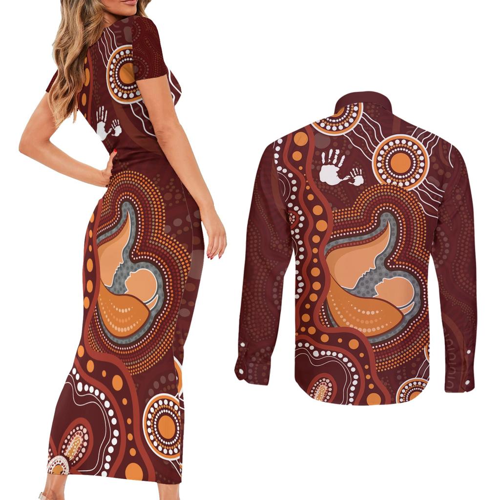 Australia Mother's Day Indigenous Couples Matching Short Sleeve Bodycon Dress and Long Sleeve Button Shirt Aboriginal Art