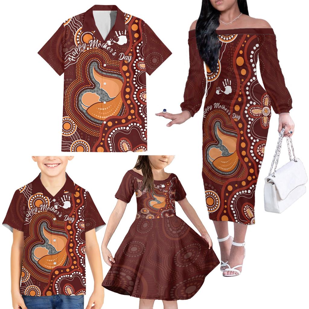 Australia Mother's Day Indigenous Family Matching Off The Shoulder Long Sleeve Dress and Hawaiian Shirt Aboriginal Art