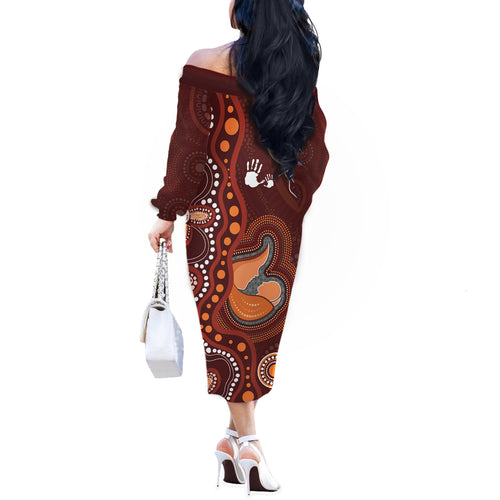 Australia Mother's Day Indigenous Off The Shoulder Long Sleeve Dress Aboriginal Art